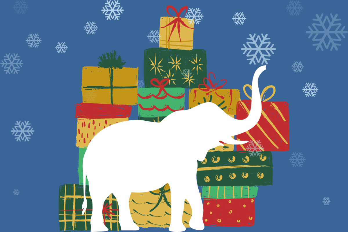 White elephant silhouette in front of holiday gifts
